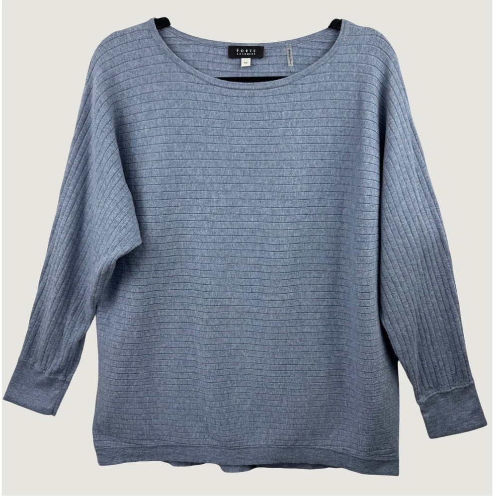 Forte Cashmere Sweater Womens Medium Blue Ribbed Cotton Blend Boat Neck Pullover